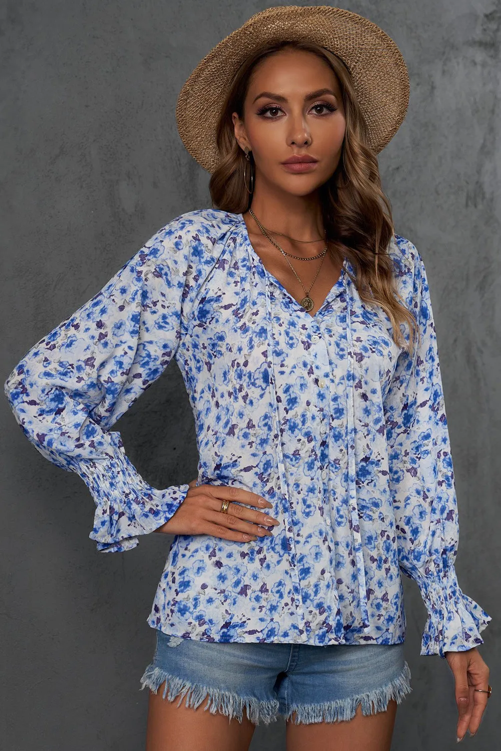 Floral Print Tie V Neck Button Up Blouse
