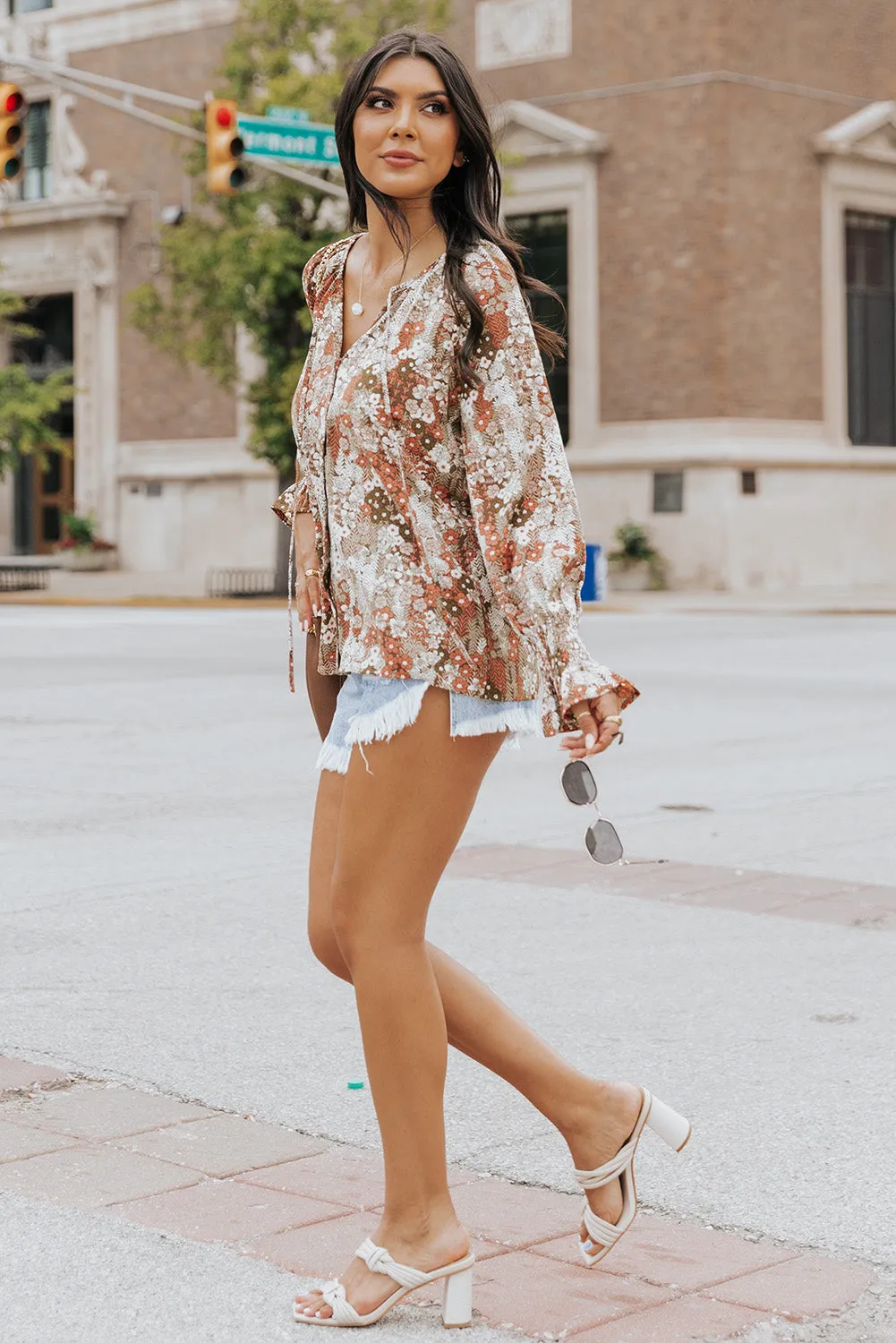 Floral Print Tie V Neck Button Up Blouse