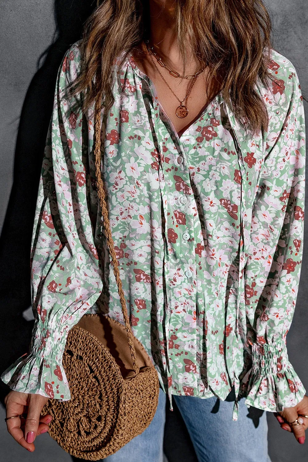 Floral Print Tie V Neck Button Up Blouse