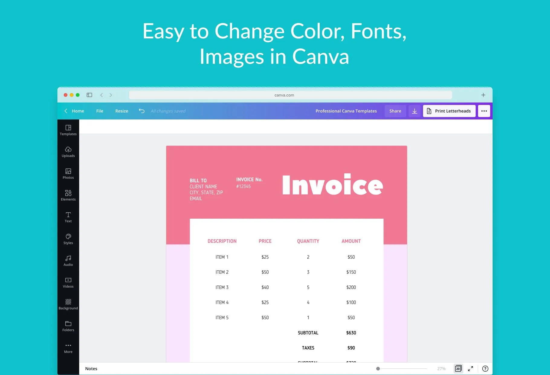 French Pink Invoice Canva Template Printable and Editable
