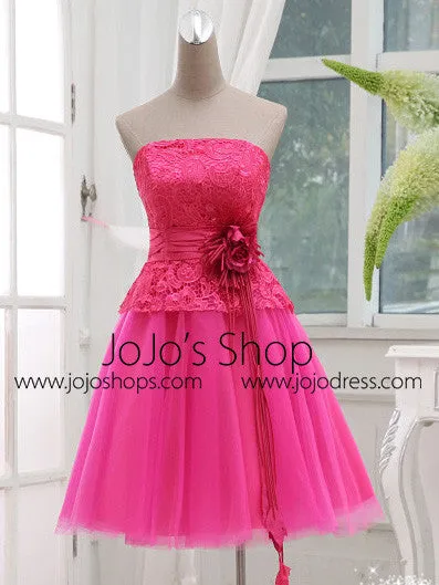 Fuchsia Pink Strapless Lace Short Bridesmaid Dress