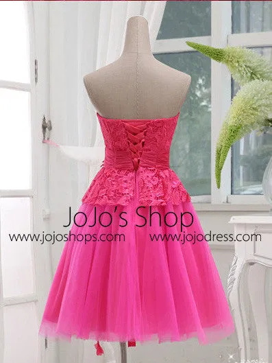 Fuchsia Pink Strapless Lace Short Bridesmaid Dress