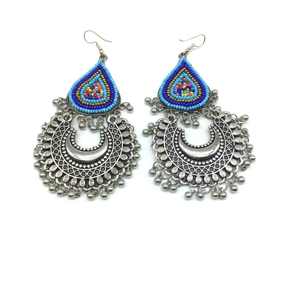German Oxidized Afghani Silver Chand Multicolor Beads Work Hook Earrings Ghungroo Chandbali Earring for Women Girl