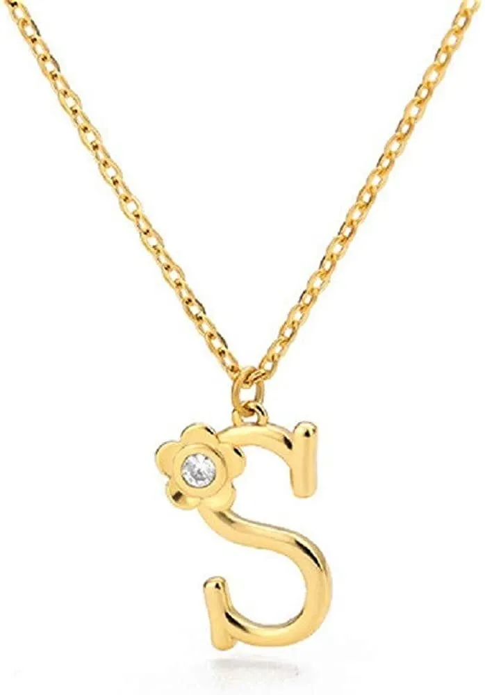Giorgio Bergamo Stainless Steel Gold Plated A - Z, 26 Letter Cubic Zirconia Flower Initial Pendant Necklace