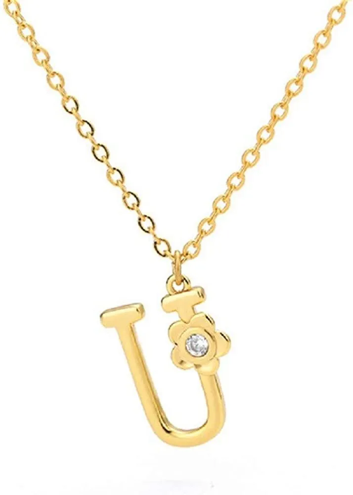 Giorgio Bergamo Stainless Steel Gold Plated A - Z, 26 Letter Cubic Zirconia Flower Initial Pendant Necklace