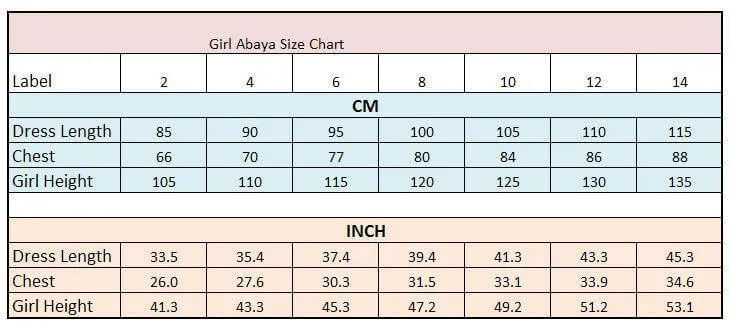 Girls Muslim Dress Kids Long Sleeve Abaya 2-12T