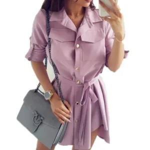 Girls Shirts Dress Leisure Autumn Shirts Dresses Women Soild Spring Casual Mini Shirt DressTurn-down Collar Dress Femme GV118