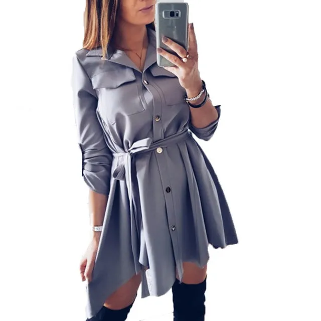Girls Shirts Dress Leisure Autumn Shirts Dresses Women Soild Spring Casual Mini Shirt DressTurn-down Collar Dress Femme GV118
