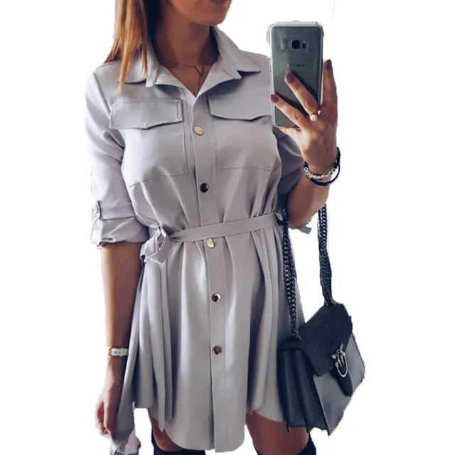 Girls Shirts Dress Leisure Autumn Shirts Dresses Women Soild Spring Casual Mini Shirt DressTurn-down Collar Dress Femme GV118