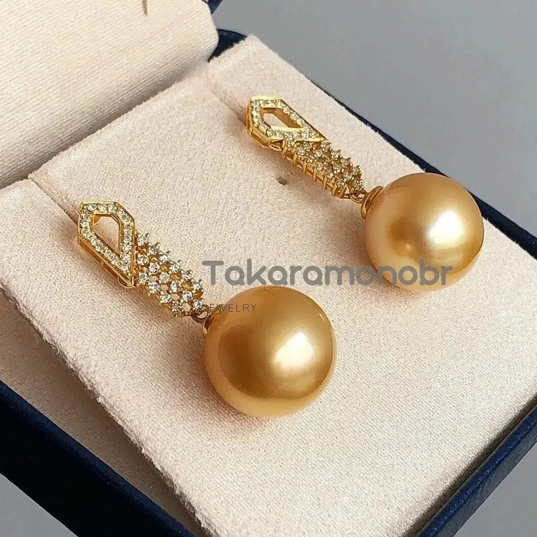 Glimmer 13.0-14.0 mm Golden South Sea Pearl & Diamond Earrings in Gold