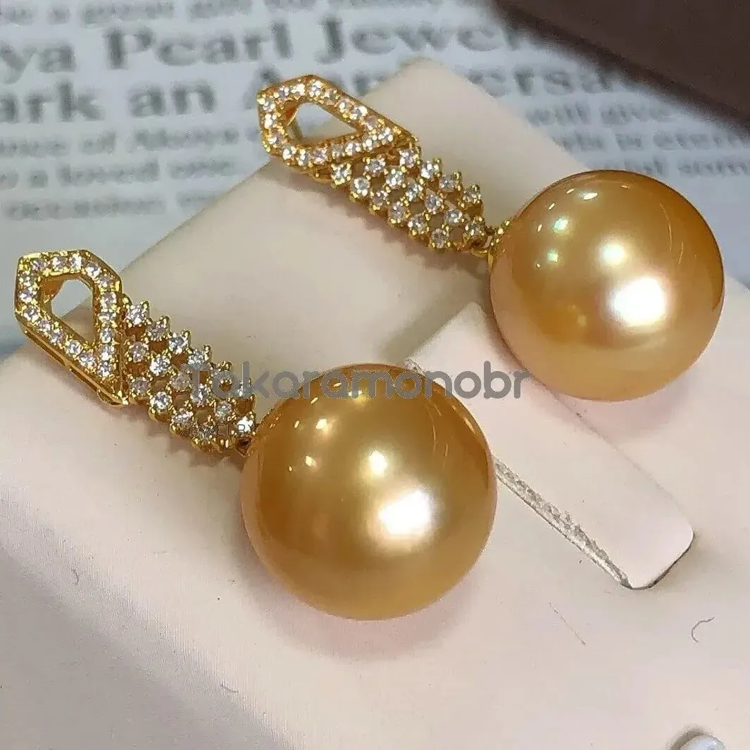 Glimmer 13.0-14.0 mm Golden South Sea Pearl & Diamond Earrings in Gold