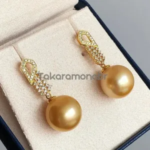 Glimmer 13.0-14.0 mm Golden South Sea Pearl & Diamond Earrings in Gold