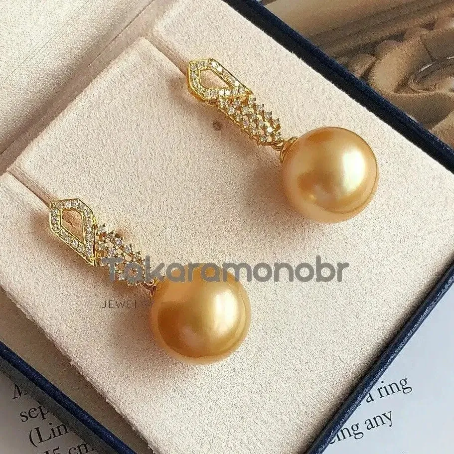 Glimmer 13.0-14.0 mm Golden South Sea Pearl & Diamond Earrings in Gold