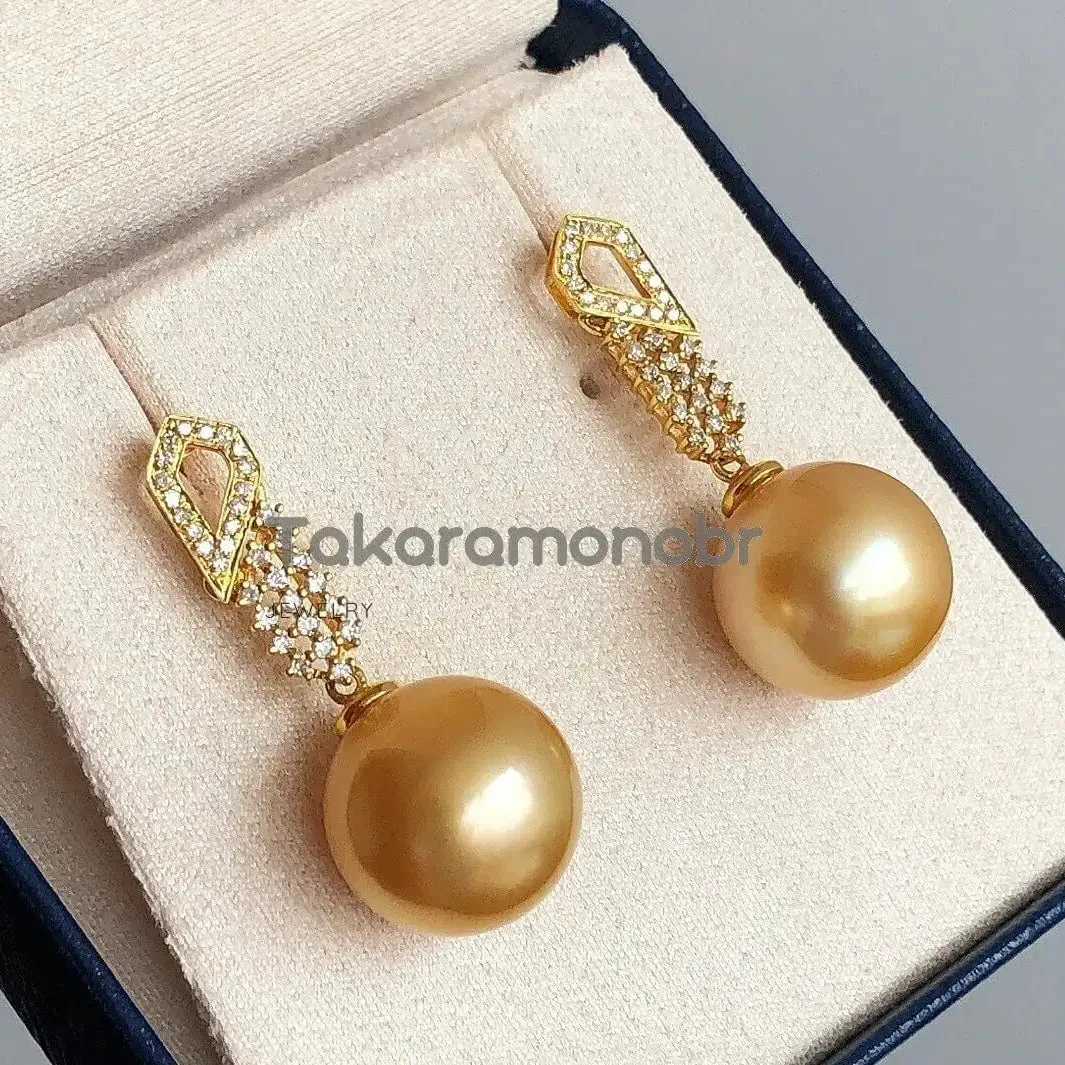 Glimmer 13.0-14.0 mm Golden South Sea Pearl & Diamond Earrings in Gold