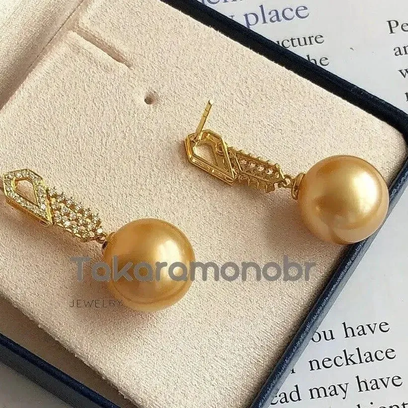 Glimmer 13.0-14.0 mm Golden South Sea Pearl & Diamond Earrings in Gold