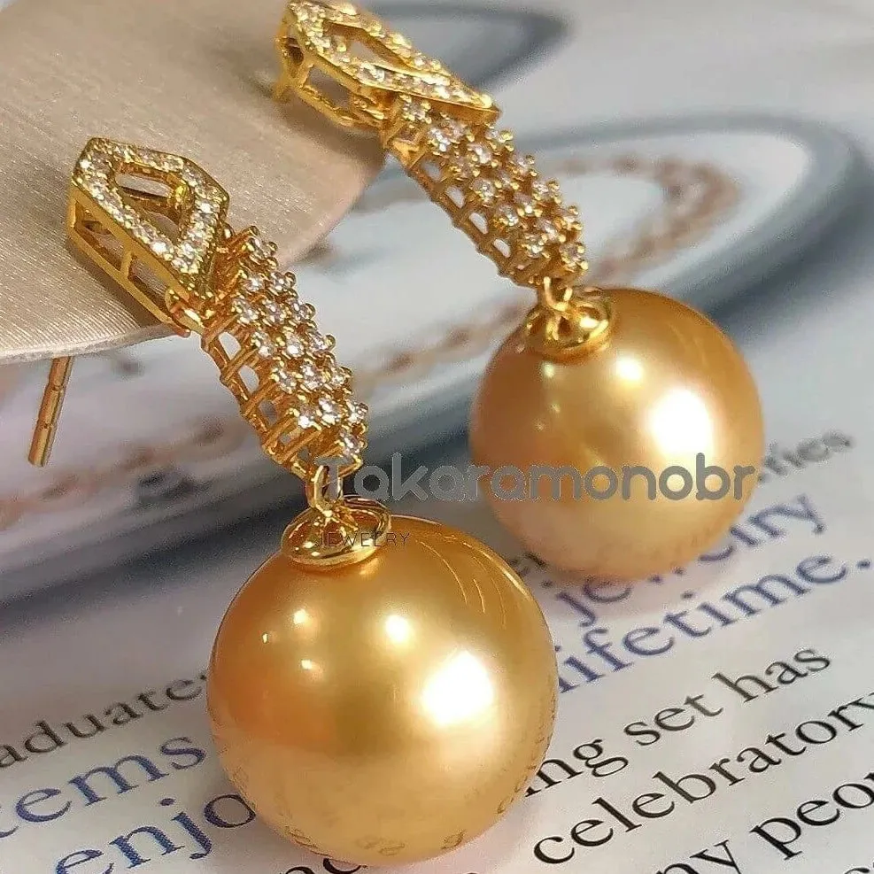 Glimmer 13.0-14.0 mm Golden South Sea Pearl & Diamond Earrings in Gold