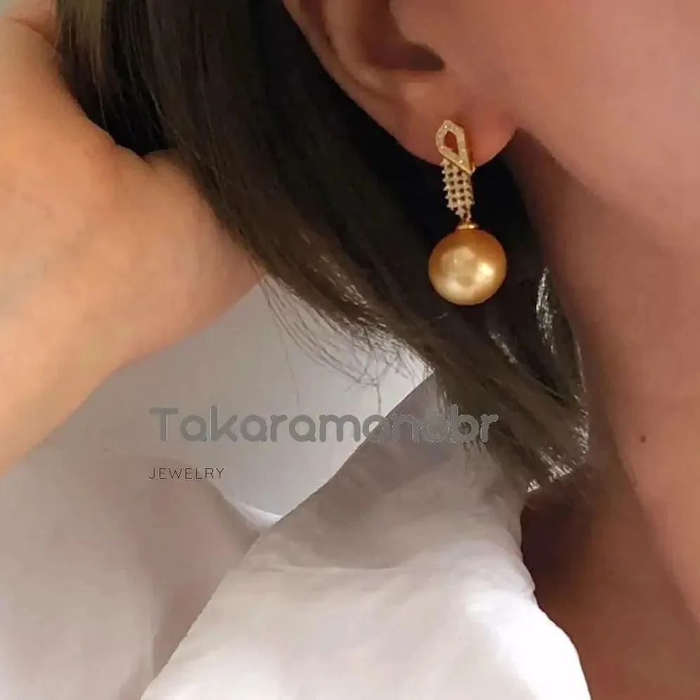 Glimmer 13.0-14.0 mm Golden South Sea Pearl & Diamond Earrings in Gold