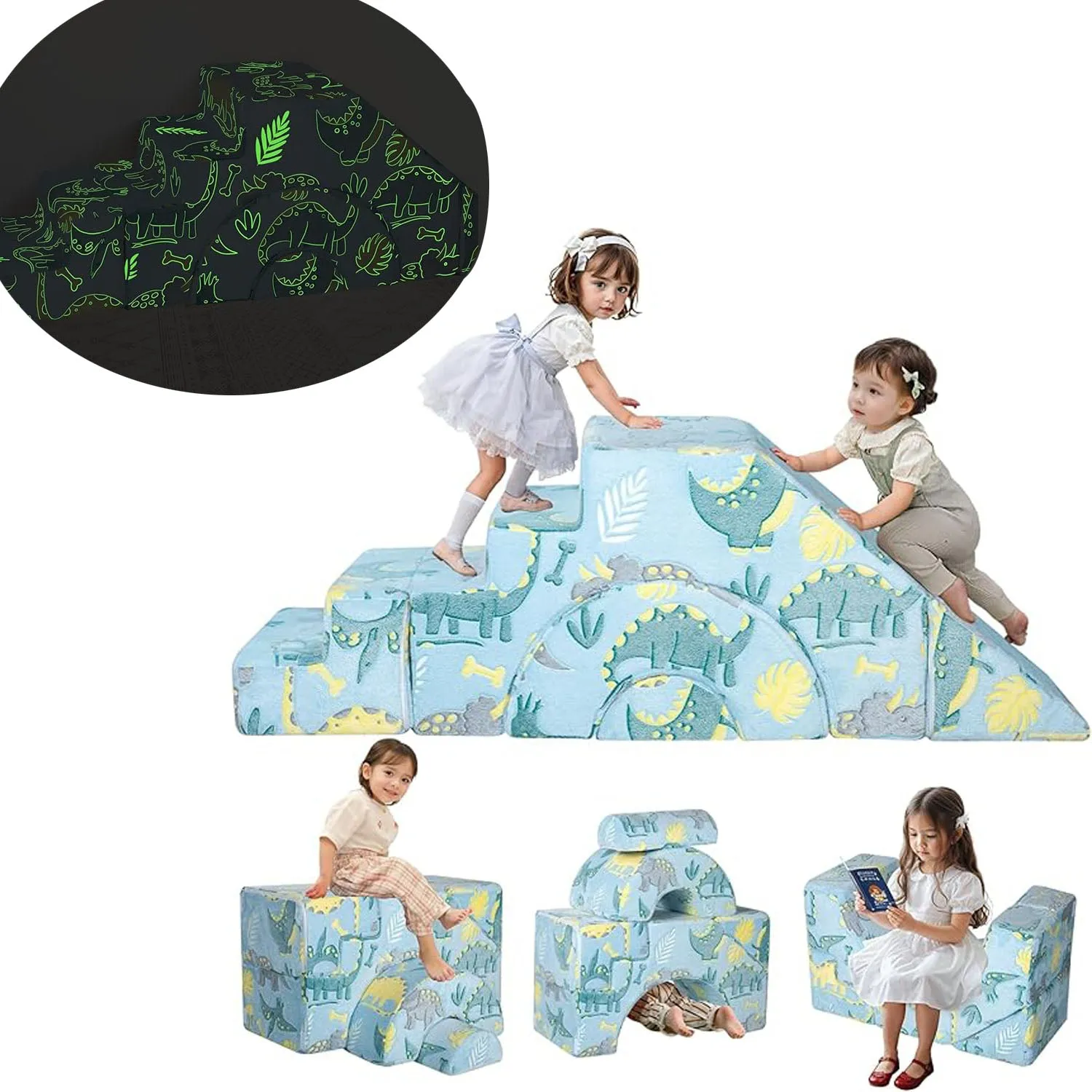 Glow-in-the-Dark Soft Fleece Pikler Large Soft Play Set for Home | Removable & Washable | Dinosaurs