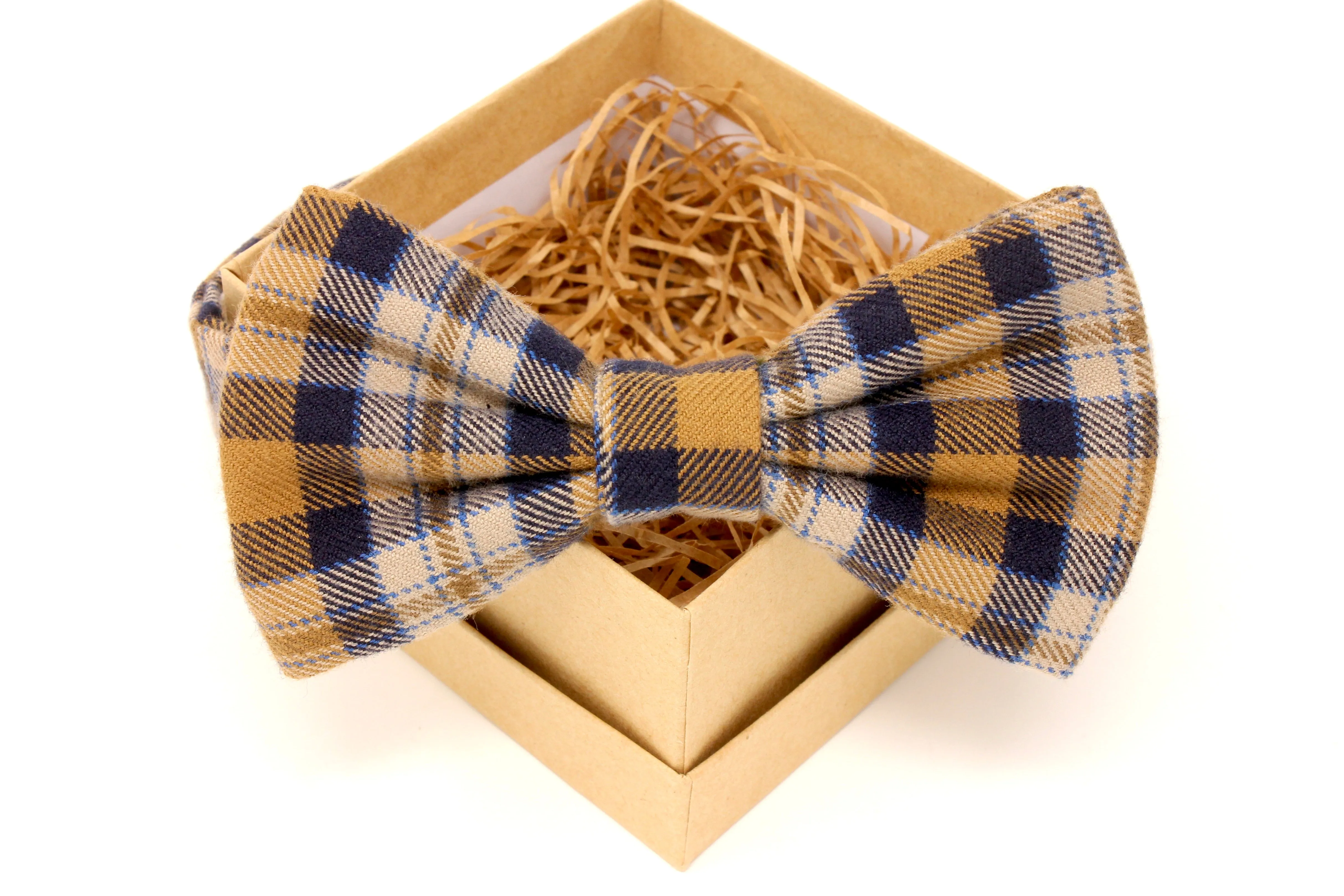 Gold & Navy Plaid Flannel Bow Tie