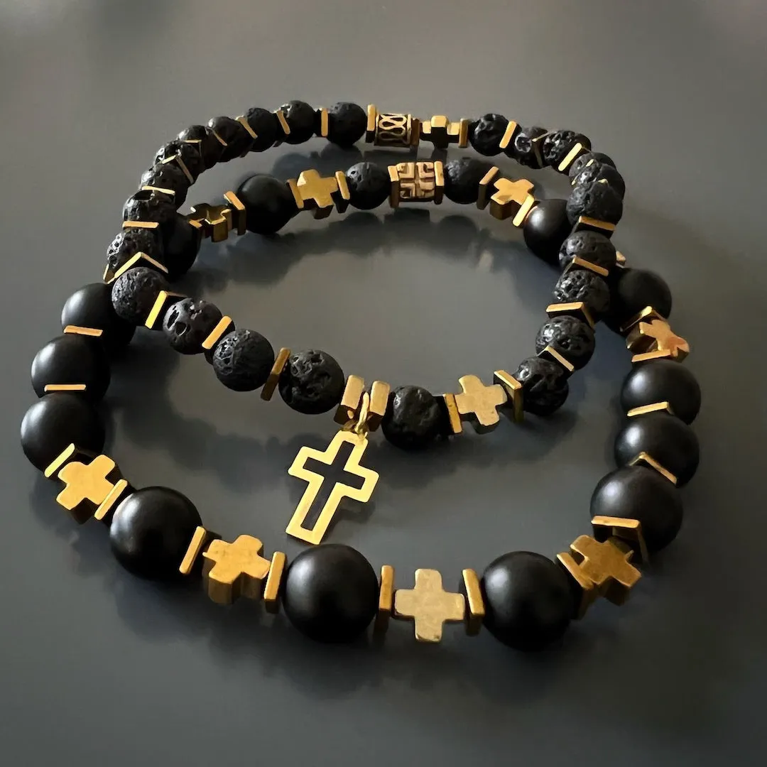 Gold Cross Charm Black Onyx Stone Beaded Bracelet Set