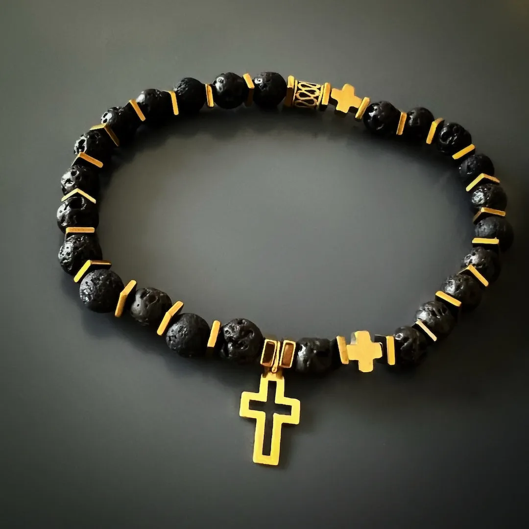 Gold Cross Charm Black Onyx Stone Beaded Bracelet Set