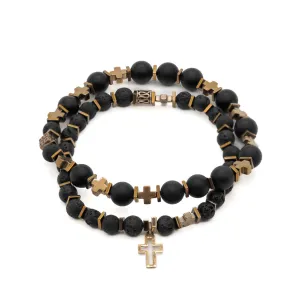 Gold Cross Charm Black Onyx Stone Beaded Bracelet Set