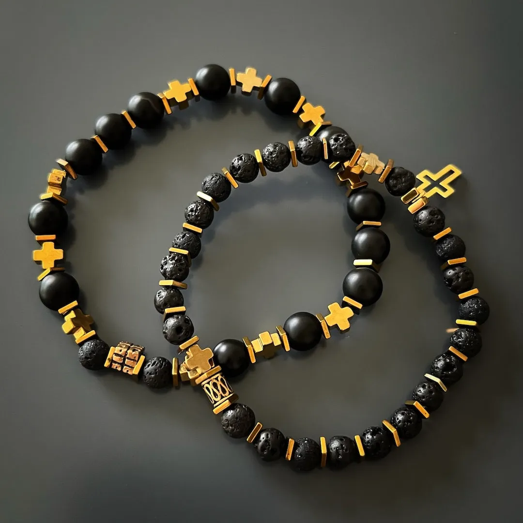 Gold Cross Charm Black Onyx Stone Beaded Bracelet Set