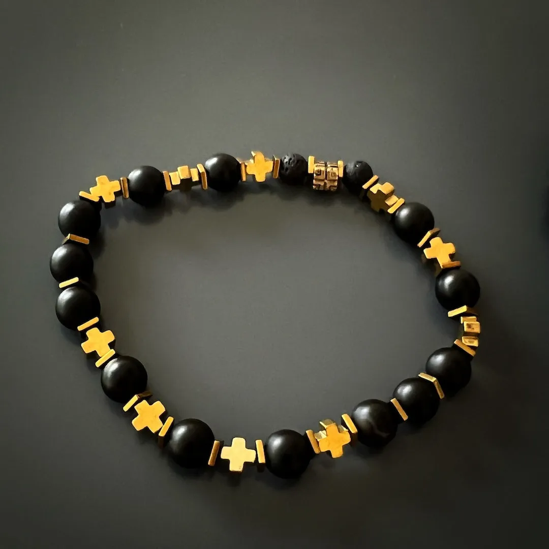 Gold Cross Charm Black Onyx Stone Beaded Bracelet Set