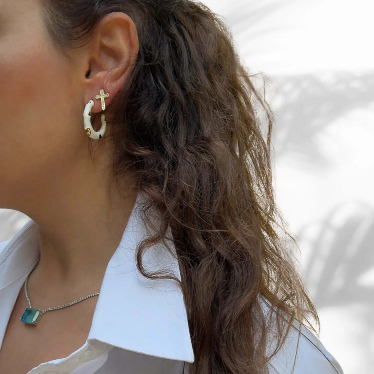 Gold Heart White Hoop Earrings