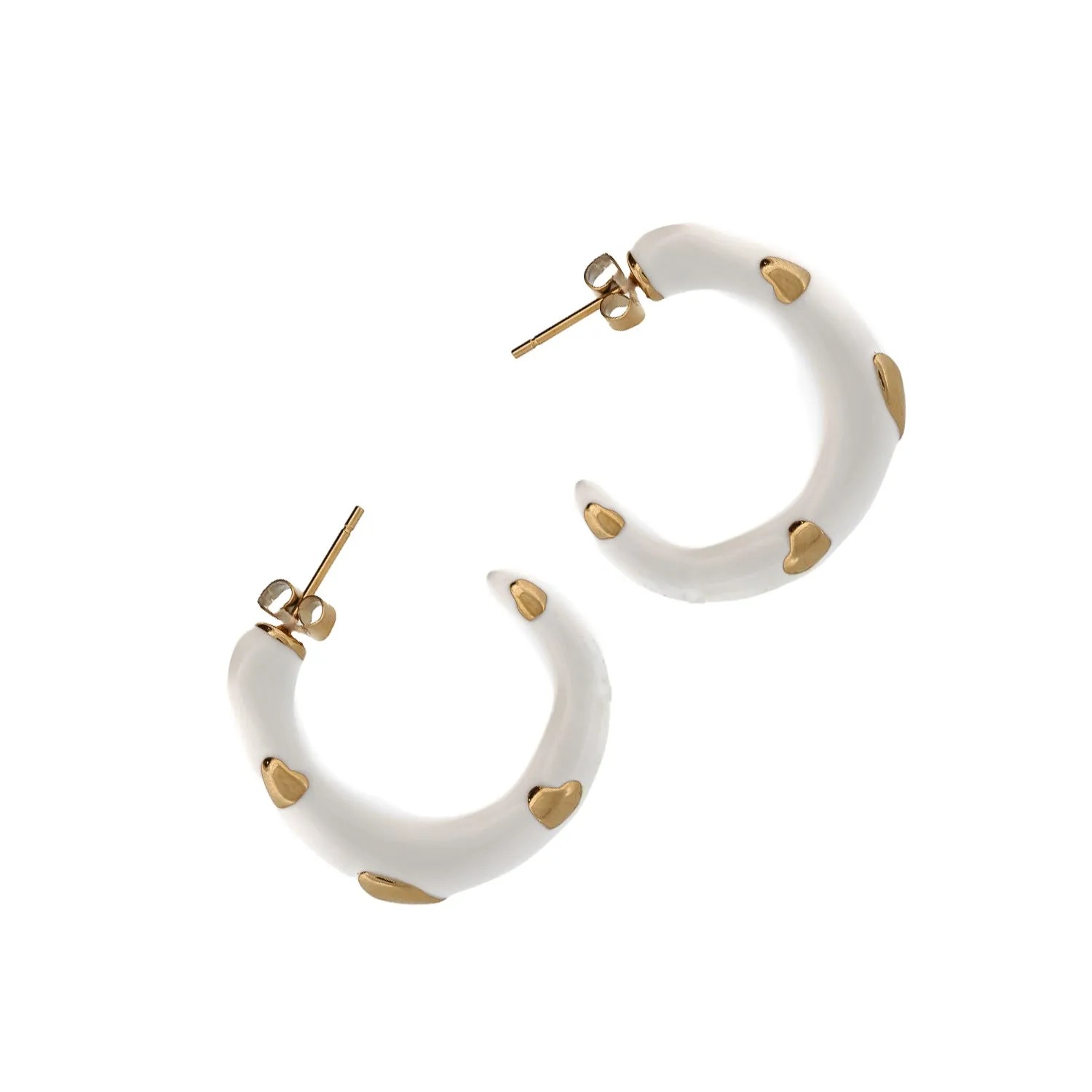 Gold Heart White Hoop Earrings