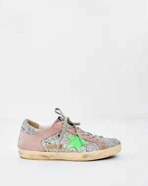 Golden Goose Silver & Green Star Sparkle Low Top Sneakers - 38