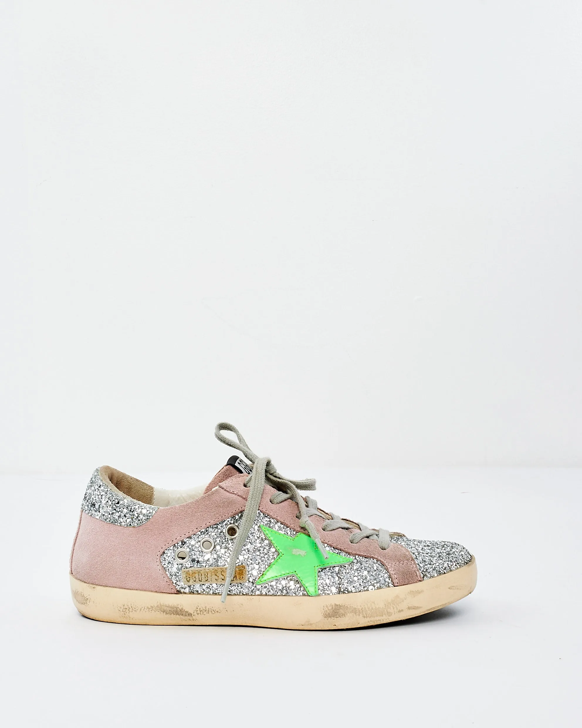 Golden Goose Silver & Green Star Sparkle Low Top Sneakers - 38