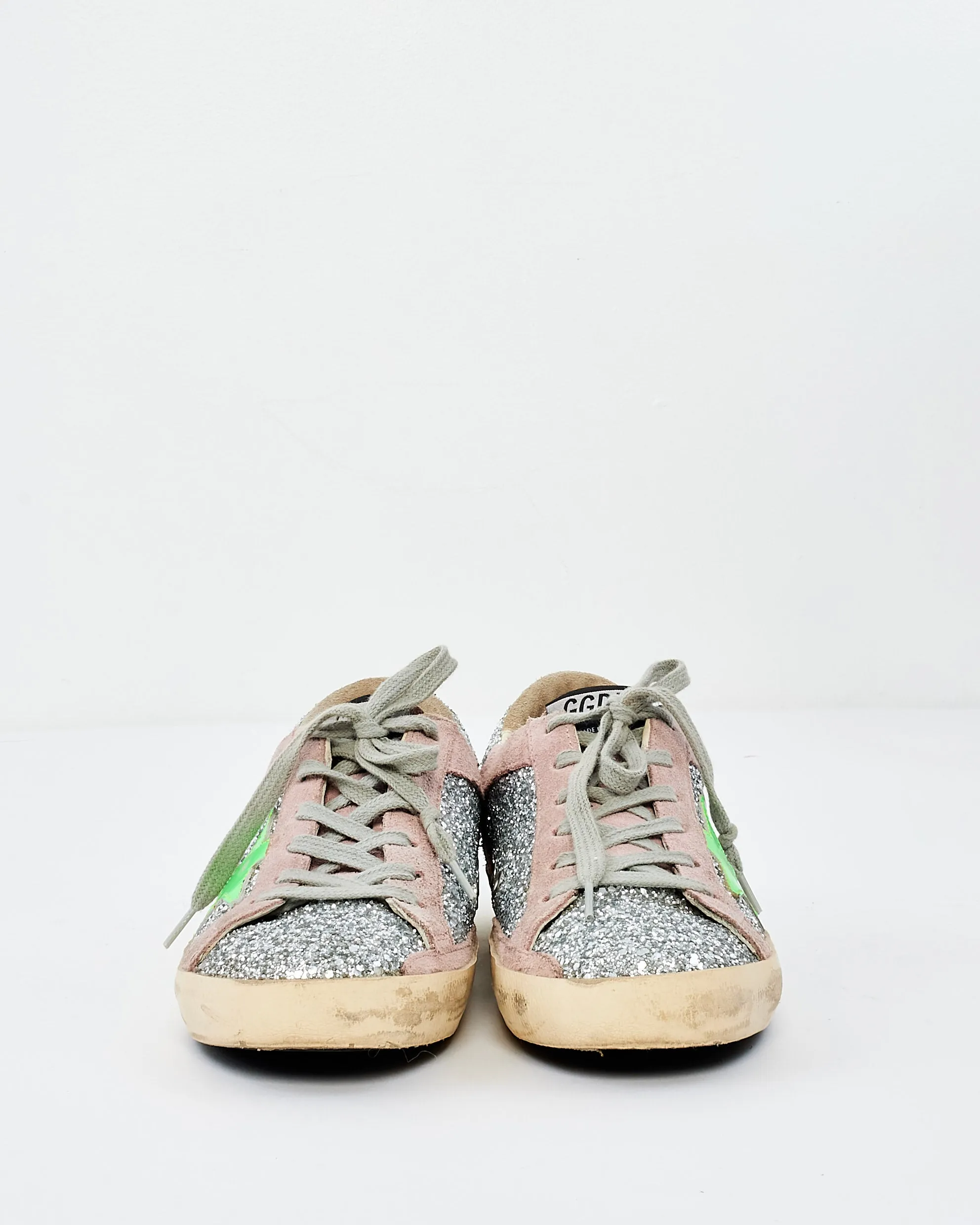 Golden Goose Silver & Green Star Sparkle Low Top Sneakers - 38