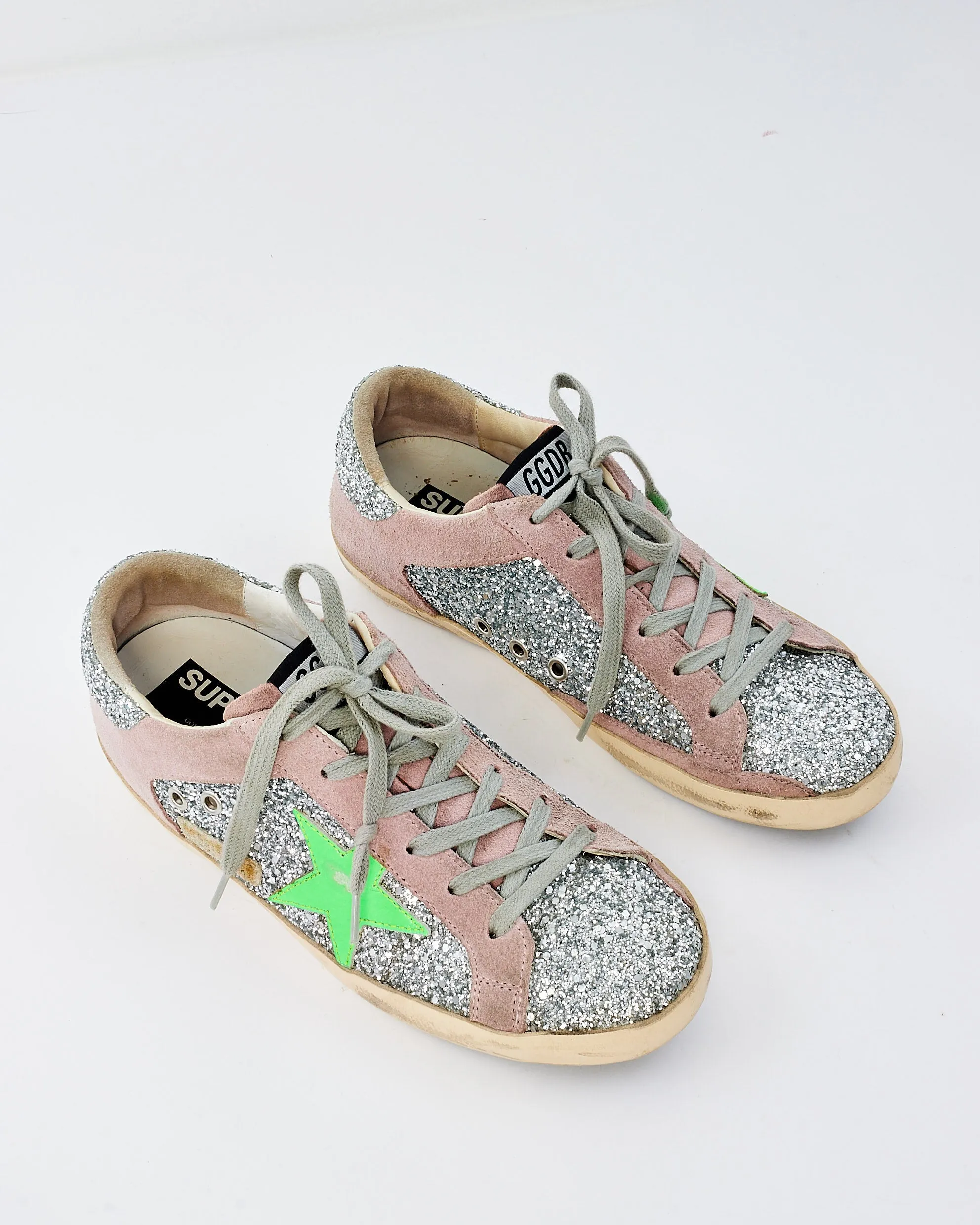 Golden Goose Silver & Green Star Sparkle Low Top Sneakers - 38