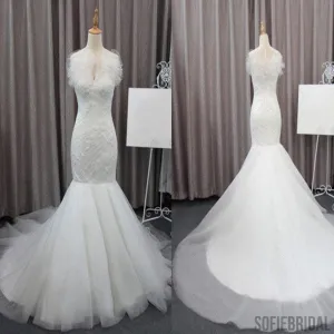 Gorgeous Elegant White Lace Mermaid Tulle Wedding Party Dresses, Bridal Gown, WD0072