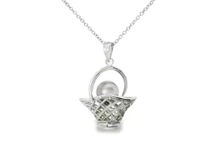 Gorgeous Estate 14K White Gold Black Pearl Diamond Basket Charm Pendant