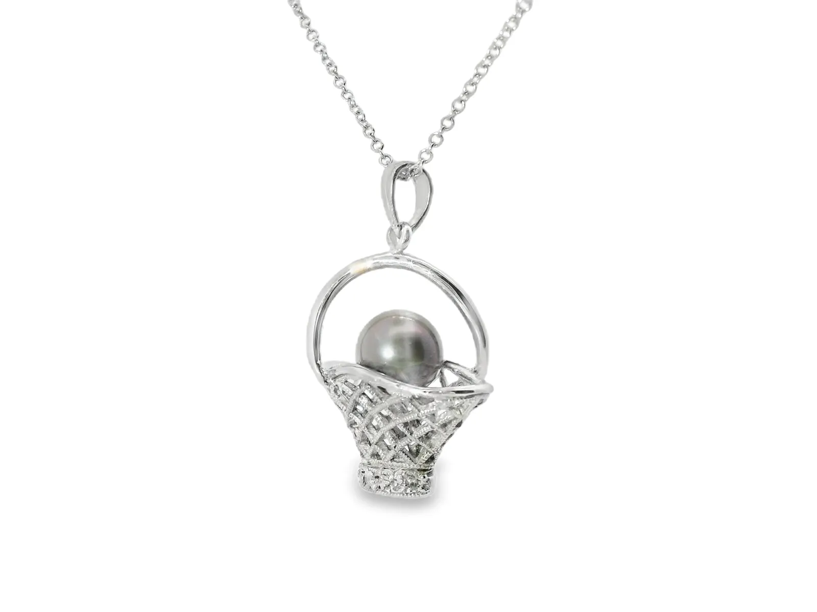 Gorgeous Estate 14K White Gold Black Pearl Diamond Basket Charm Pendant