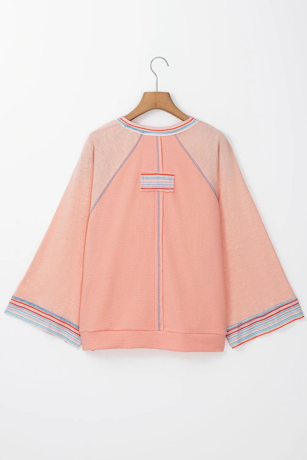 Grapefruit Orange Waffle Knit Wide Bracelet Sleeve Patchwork Raglan Top