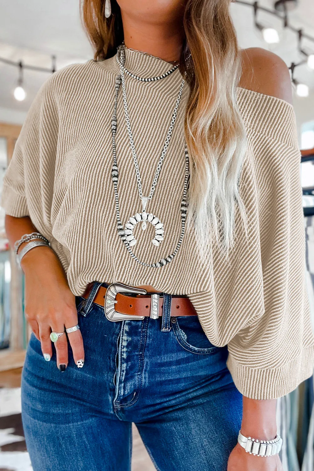 Gray Boatneck Batwing Sleeve Cording Blouse