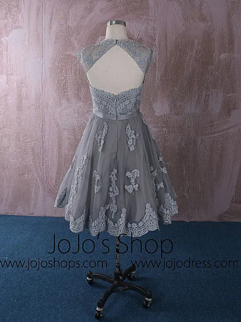 Gray Knee Length Short Lace Wedding Dress with Keyhole Back | QT815013