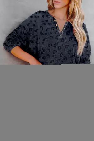 Gray Leopard Print Button Split Neck Waffle Sweatshirt