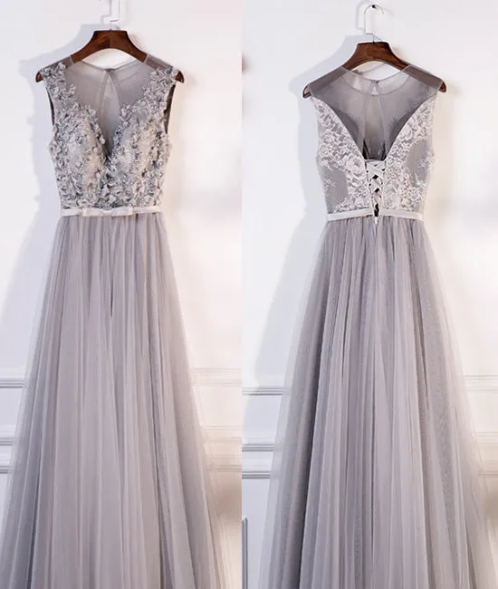 Gray round neck lace tulle long prom dress, gray evening dress