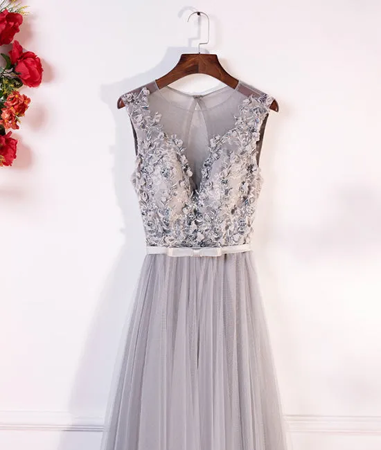 Gray round neck lace tulle long prom dress, gray evening dress
