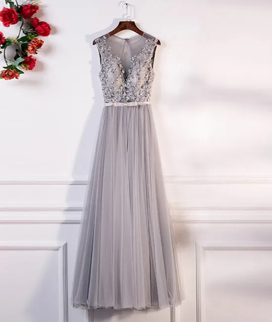 Gray round neck lace tulle long prom dress, gray evening dress