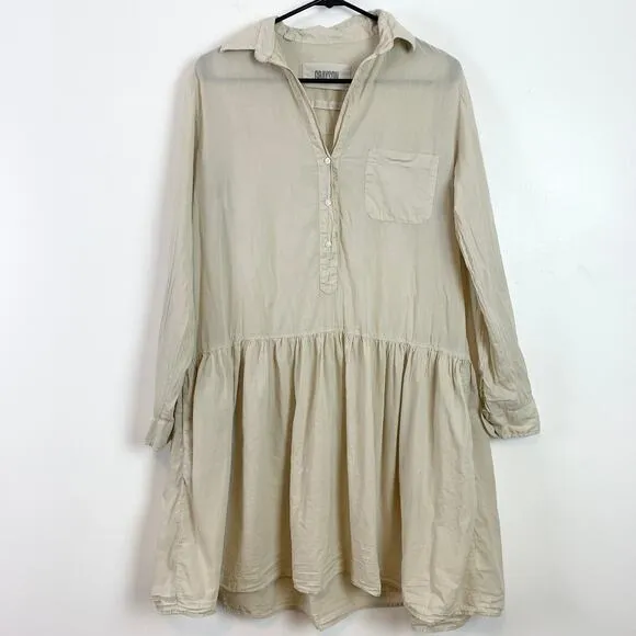 Grayson Changemaker Ruffle Hem 100% Cotton Mini Shirt Dress Almond Small