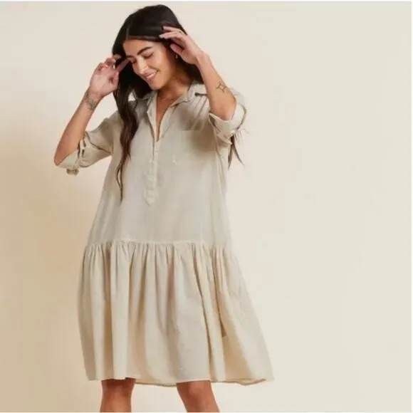 Grayson Changemaker Ruffle Hem 100% Cotton Mini Shirt Dress Almond Small