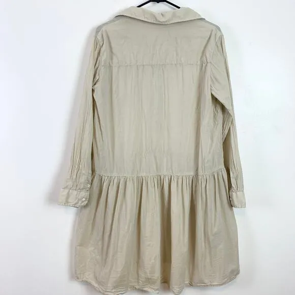 Grayson Changemaker Ruffle Hem 100% Cotton Mini Shirt Dress Almond Small