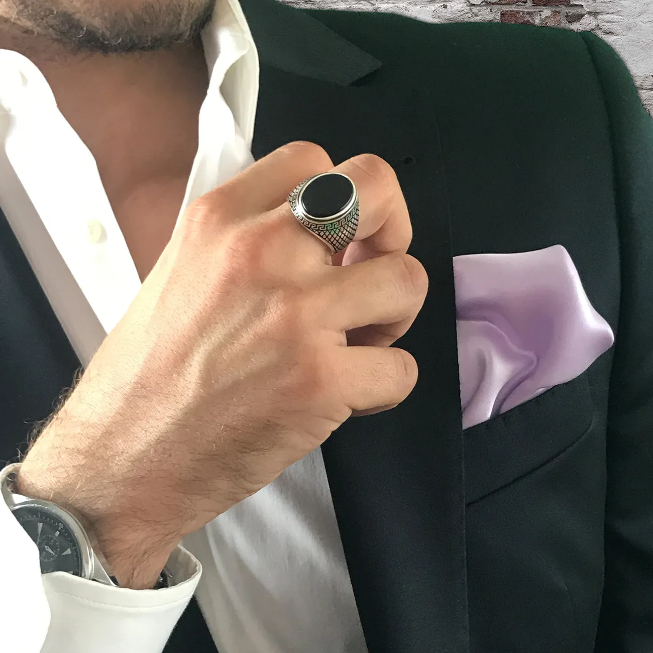 Greek Style Sterling Silver Statement Ring for Men with Black Onyx Gemstone