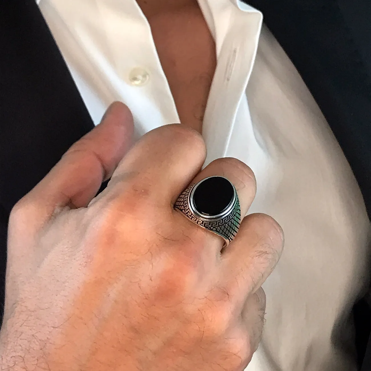 Greek Style Sterling Silver Statement Ring for Men with Black Onyx Gemstone