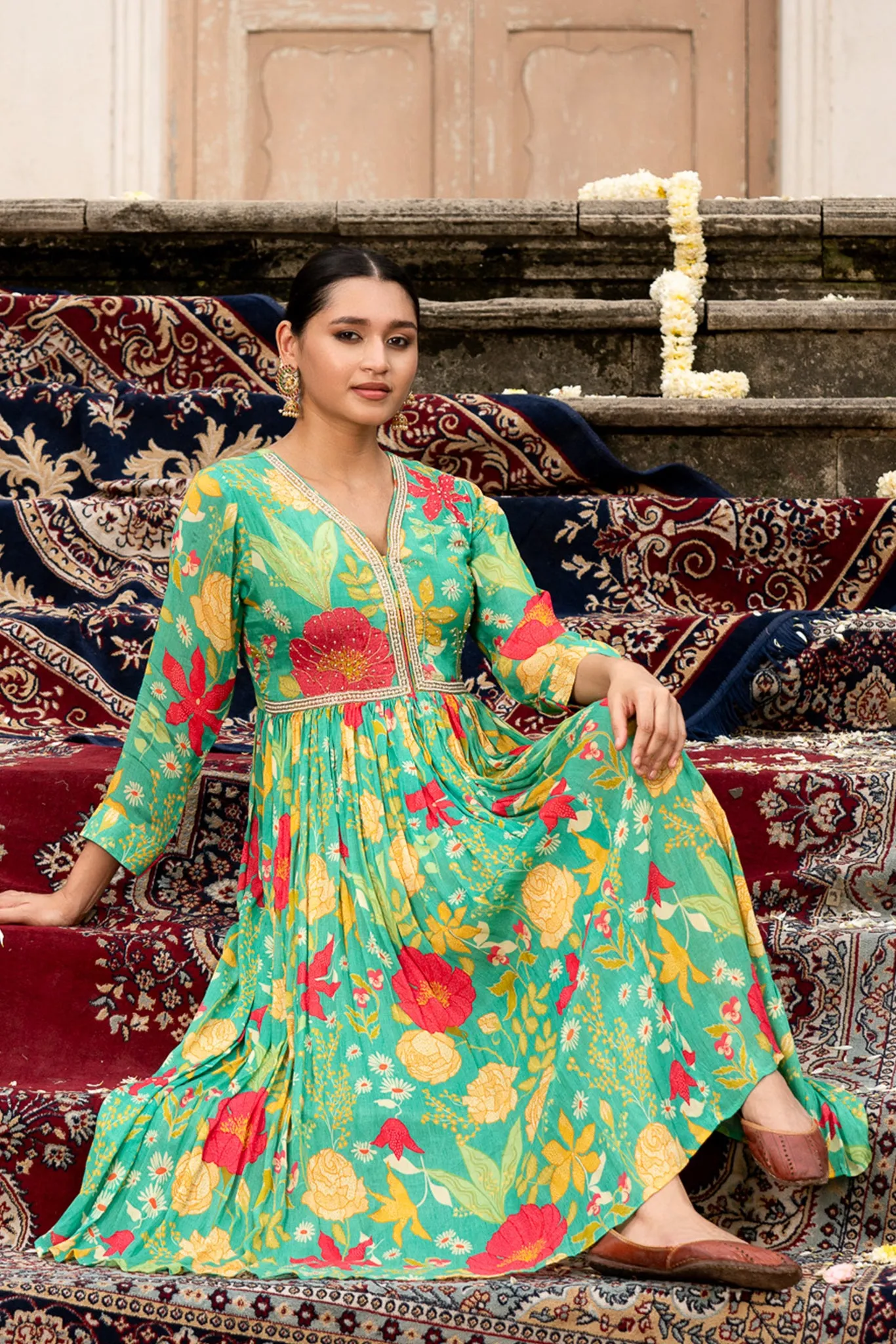 Green Chiffon Gown with Purl Embroidery in Yoke